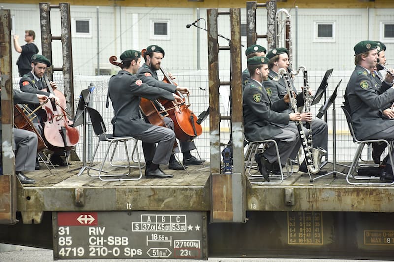 Swiss military band members celebrate tunnel opening - Gotthard base tunnel - Copyright 2016 Gottardo